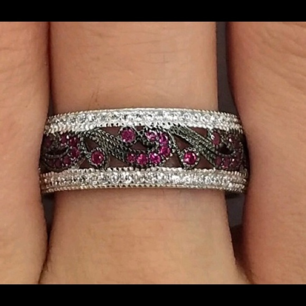 Sterling Silver Filigree Ruby CZ Black Plating